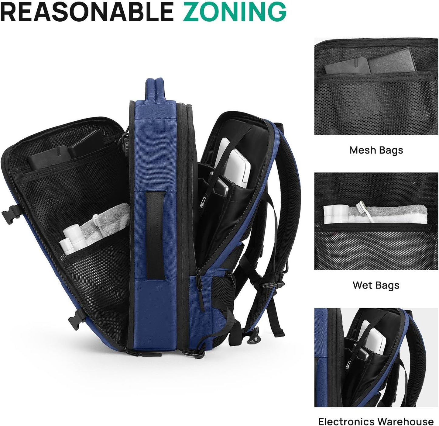 Dinictis Vacuum Seal Travel Backpack 60L Built-in Pump, Expandable Backpack with Vacuum Compression fits 17 inch Laptop, Waterproof Carry On Suitcase Luggage suit for Short Trip and Business-Blue
