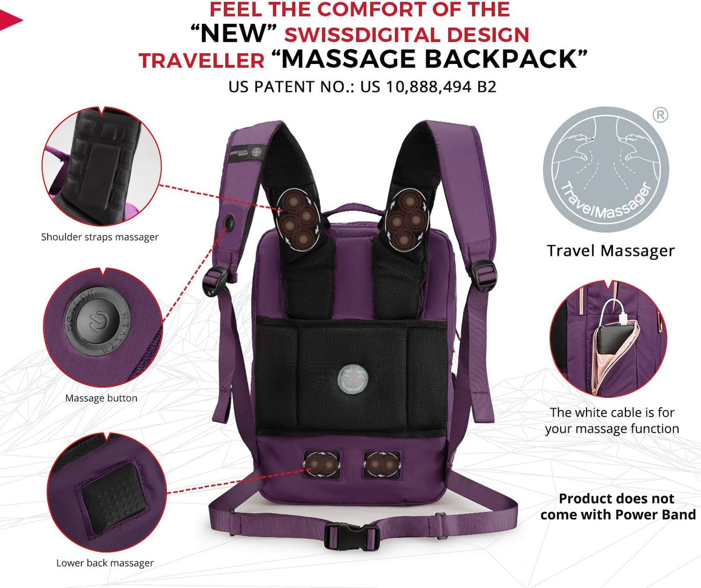 Swissdigital Design Massage Backpack for Women, Fits 15.6” Laptop, USB-A Charging, Commute, Short hual travel with Built-In Shoulder Massager, Purple l KATY ROSE