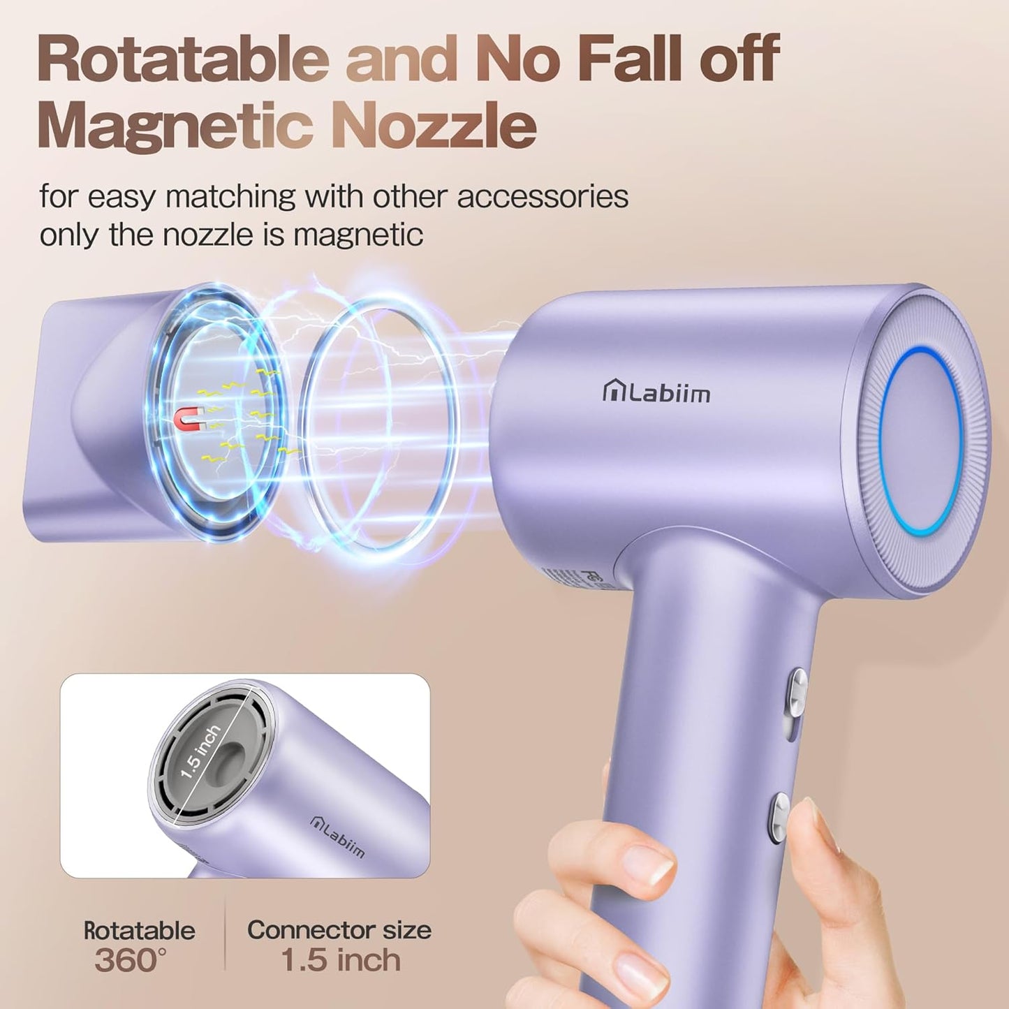 Hair Dryer, High-Speed Ionic Low Noise Blow Dryer with Brushless Motor for Fast Drying, Thermo-Control Quiet Compact Hair Blow Dryer, Hairdryer with 1 Nozzle Attachments for Home Salon Travel
