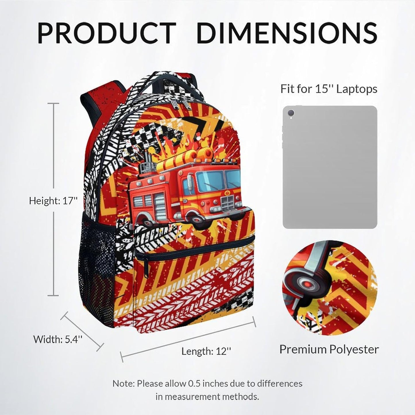 Kids Backpack Boys, Fire Truck Backpack for School, 17" Toddler Bookbag for Preschool Kindergarten Elementary, Durable Children School Bag