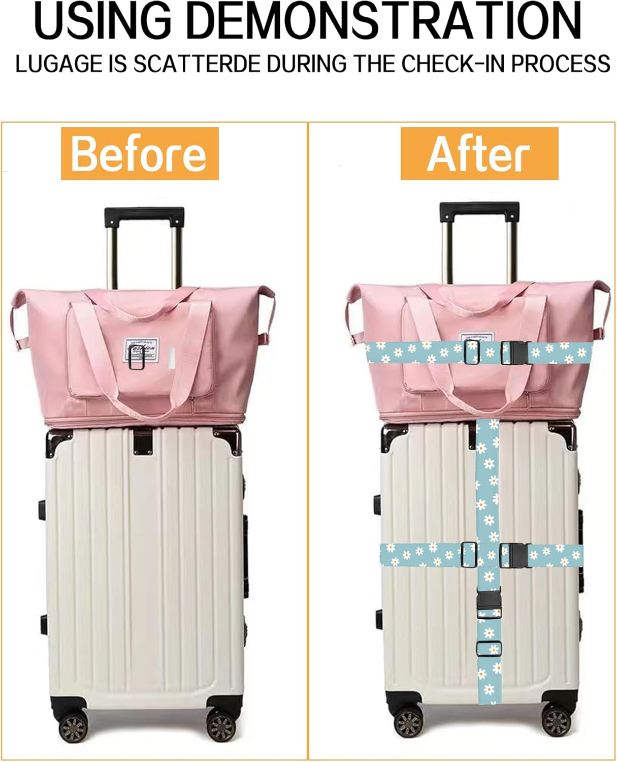 Luggage Straps for Suitcases, Adjustable Travel Belt, Durable Wide Luggage Strap, Cute Suitcase Strap Identifiers with Buckle, Bag Straps for Luggage, Cute Daisy