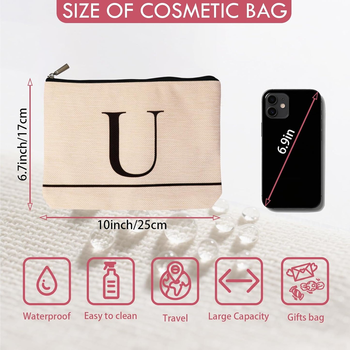 Letter A-Z Initial Personalized Makeup Bags, Birthday Gifts for Women, Monogrammed Gifts for Women Mom Sister Best Friend Bride Bridesmaid, Mothers Day, Christmas, Small Travel Cosmetic Bag (U)