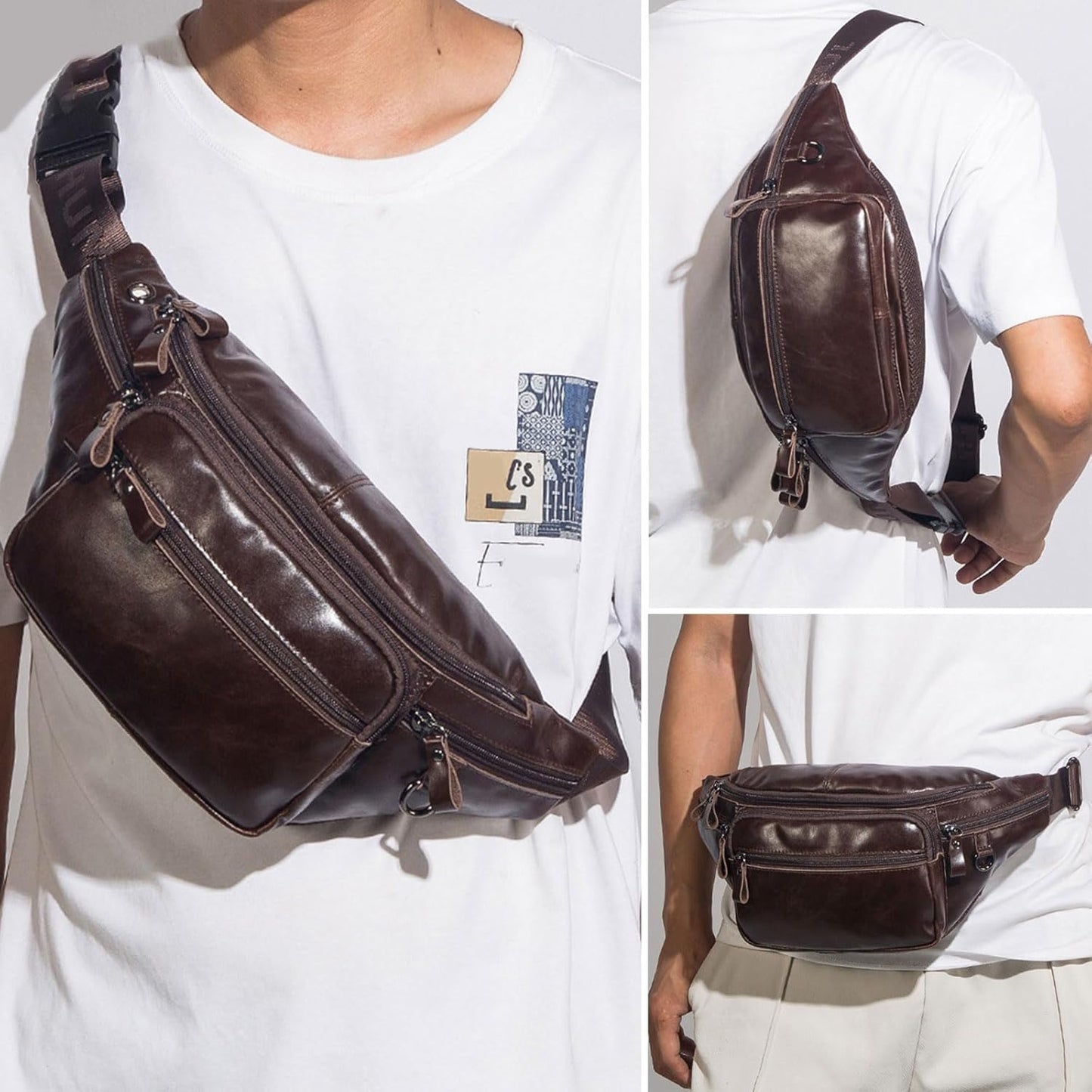 Genuine Leather Fanny Pack for Men Crossbody Chest Bag Outdoor Sports Waist Pack High Capacity Sling Bag (Black)