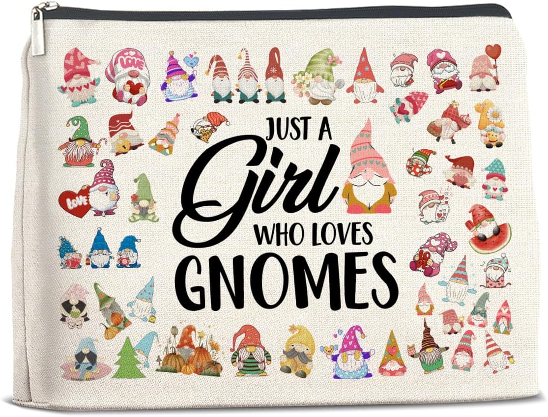 Gnome Lover Makeup Bag - Gifts for Women, Girl, Daughter, Sister, Bestie - Just a Girl Who Loves Gnomes Zipper Makeup Pouch