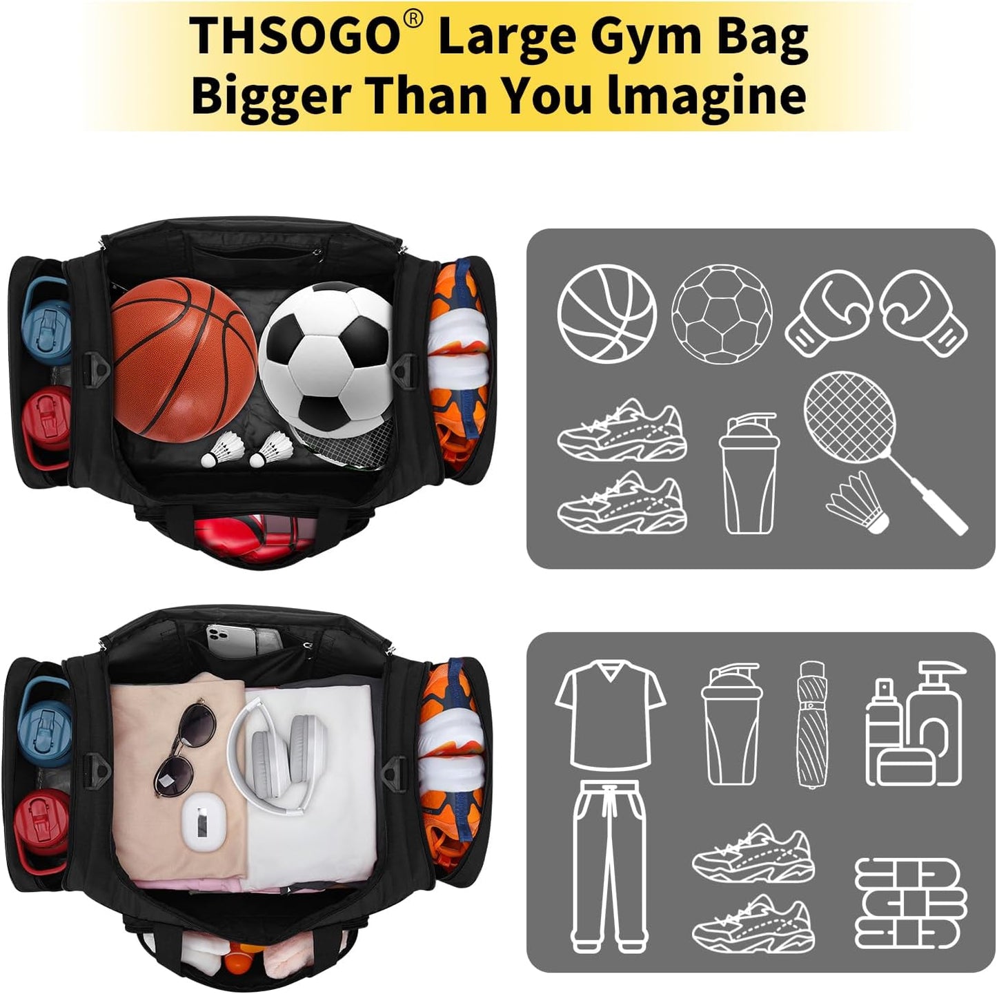 22 inch Gym Bag for Men - 55L Large Travel Duffle Bag Sports Equipment Bag with Multiple Zippered Pockets,Outdoor Workout Duffle Bag for Overnight Weekend - Black