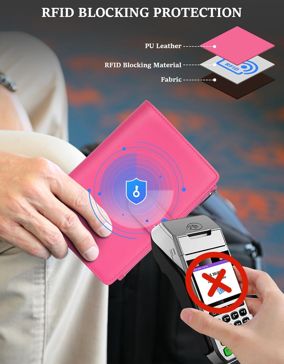 RFID Passport Holder for Women/Men Travel Gifts, Large Capacity Passport Wallet, Family Travel Documents Organizer with Card/Airtag Slots, Zipper coin pocket, Cash Holder Passport Cover Case(Hot Pink)