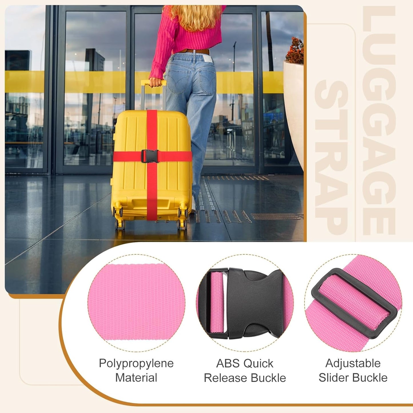 MECCANIXITY Luggage Straps with Quick-Release Buckle Adjustable Suitcase Belt Strap for Suitcase Briefcase Backpack Travel, Pink, Pack of 4