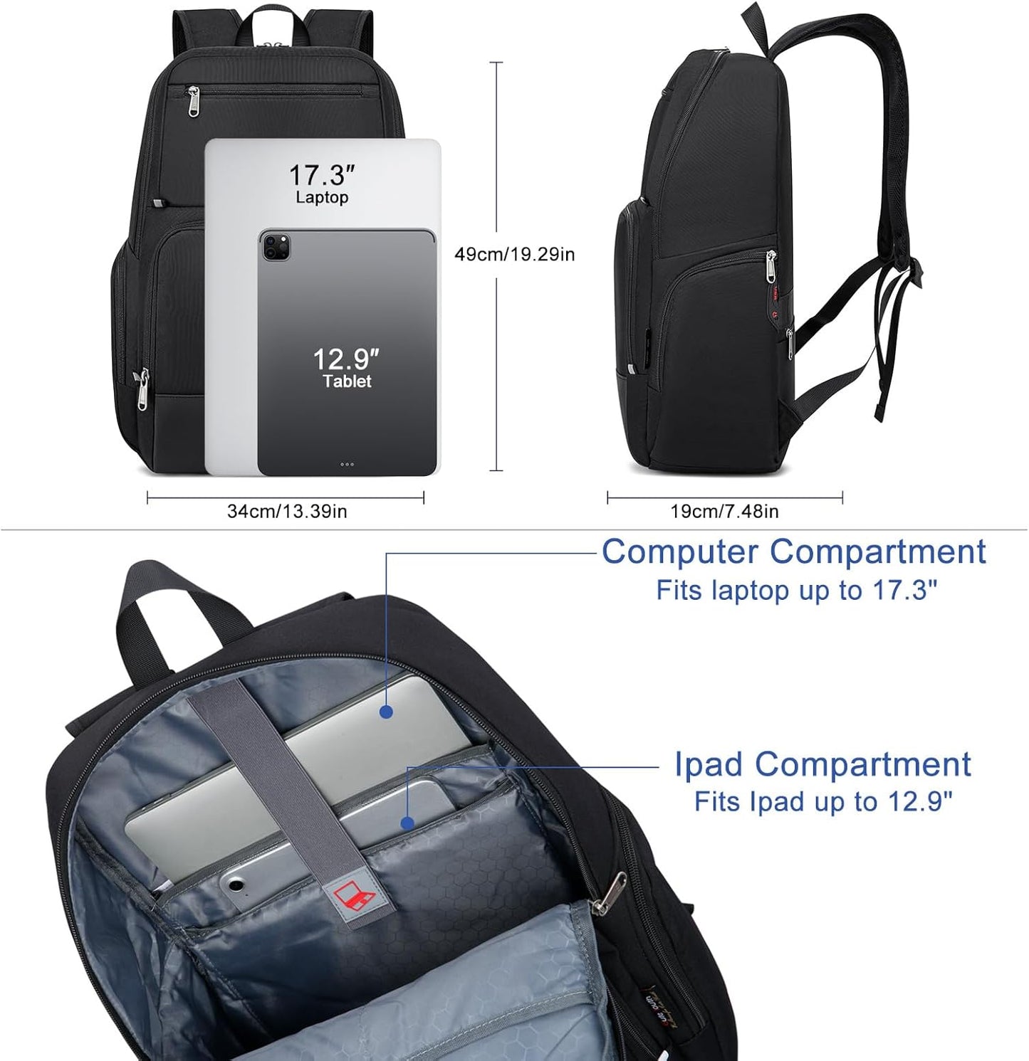 WYCY Laptop Backpack for Men - Anti Theft Computer Bag for Work, Business, College, Travel, Mochilas Para Hombres, 17.3 Inch, Black