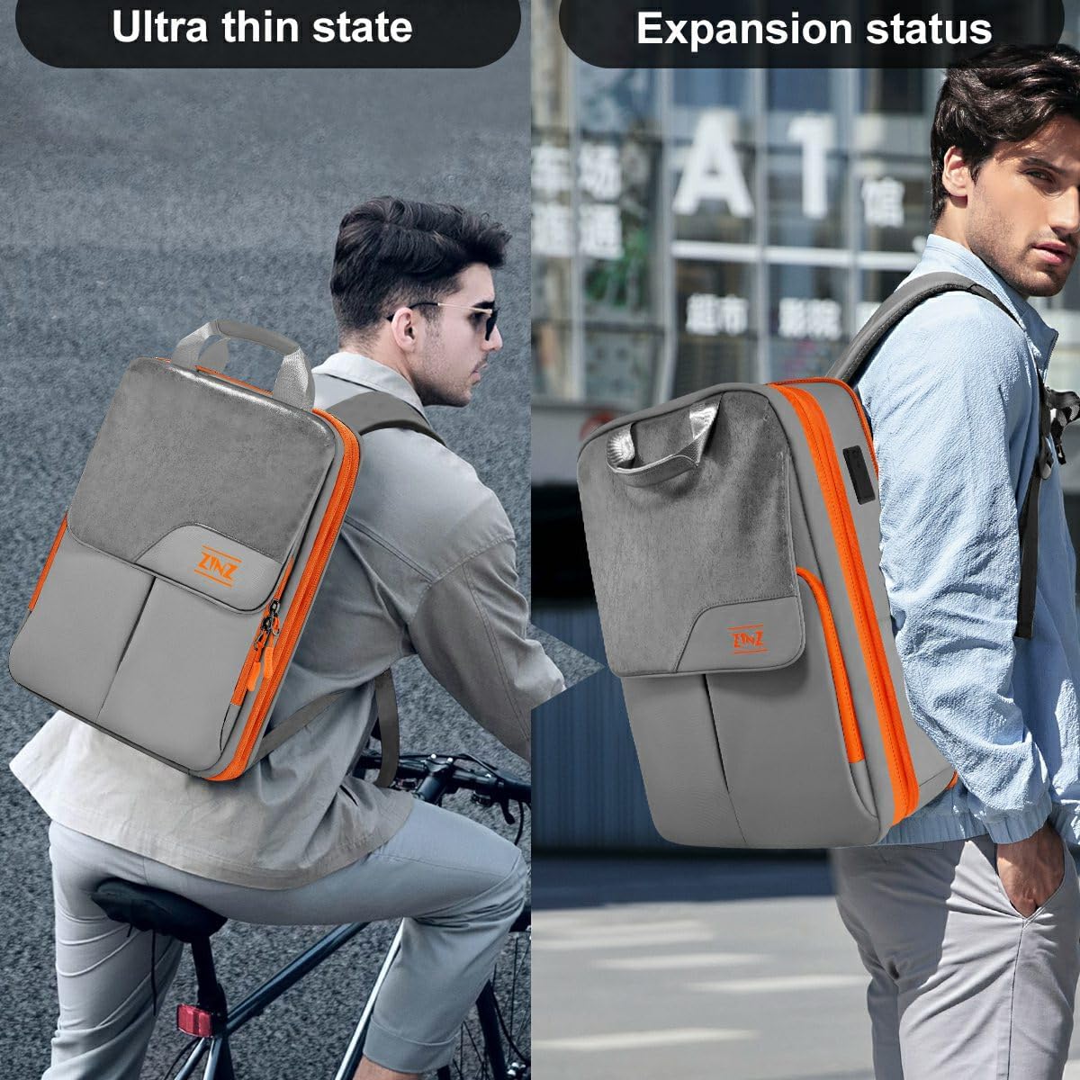 ZINZ Slim & Expandable Laptop Backpack 15.6 16 17 inch Travel Business Backpack Water-Resistant Daypack for Men and Women，Gray orange