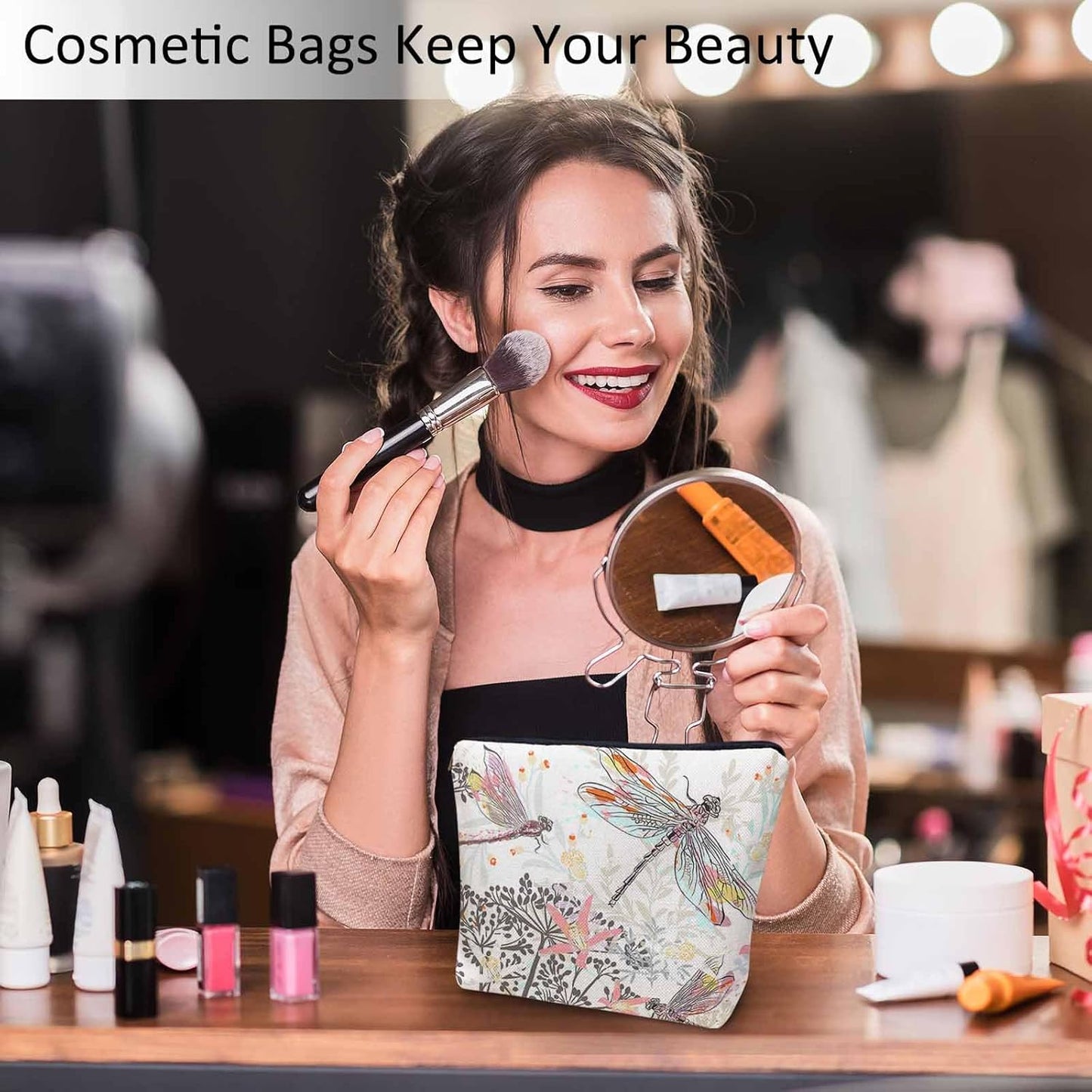 Makeup Bag For Purse Dragonfly, Garden Dragonflies Flowers Nature Cosmetic Bags For Women With Zipper Travel Toiletry Pouch Makeup Bags Makeup Organizers Purse For Toiletries Cosmetics