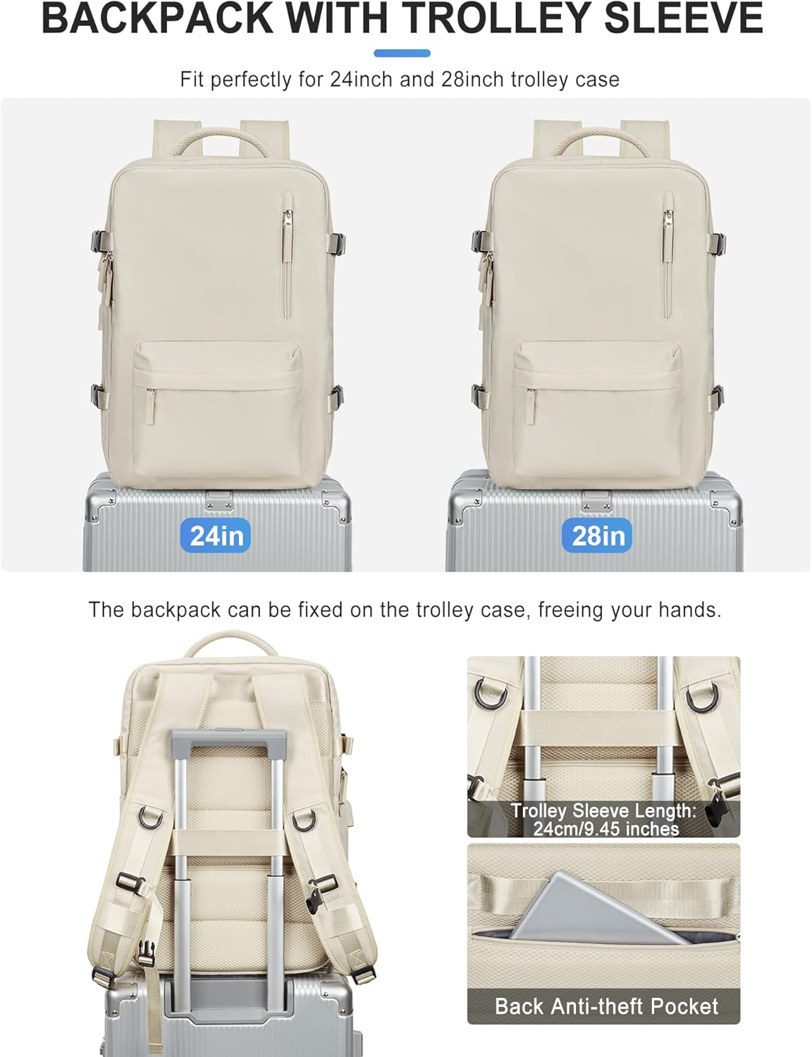 VGCUB Large Travel Backpack Bag for Women Men,Carry on Backpack,17 Inch Laptop Business Work Waterproof Backpack with Laptop Compartment,Person Item Flight Approved,Mochila de Viaje,Beige Expandable