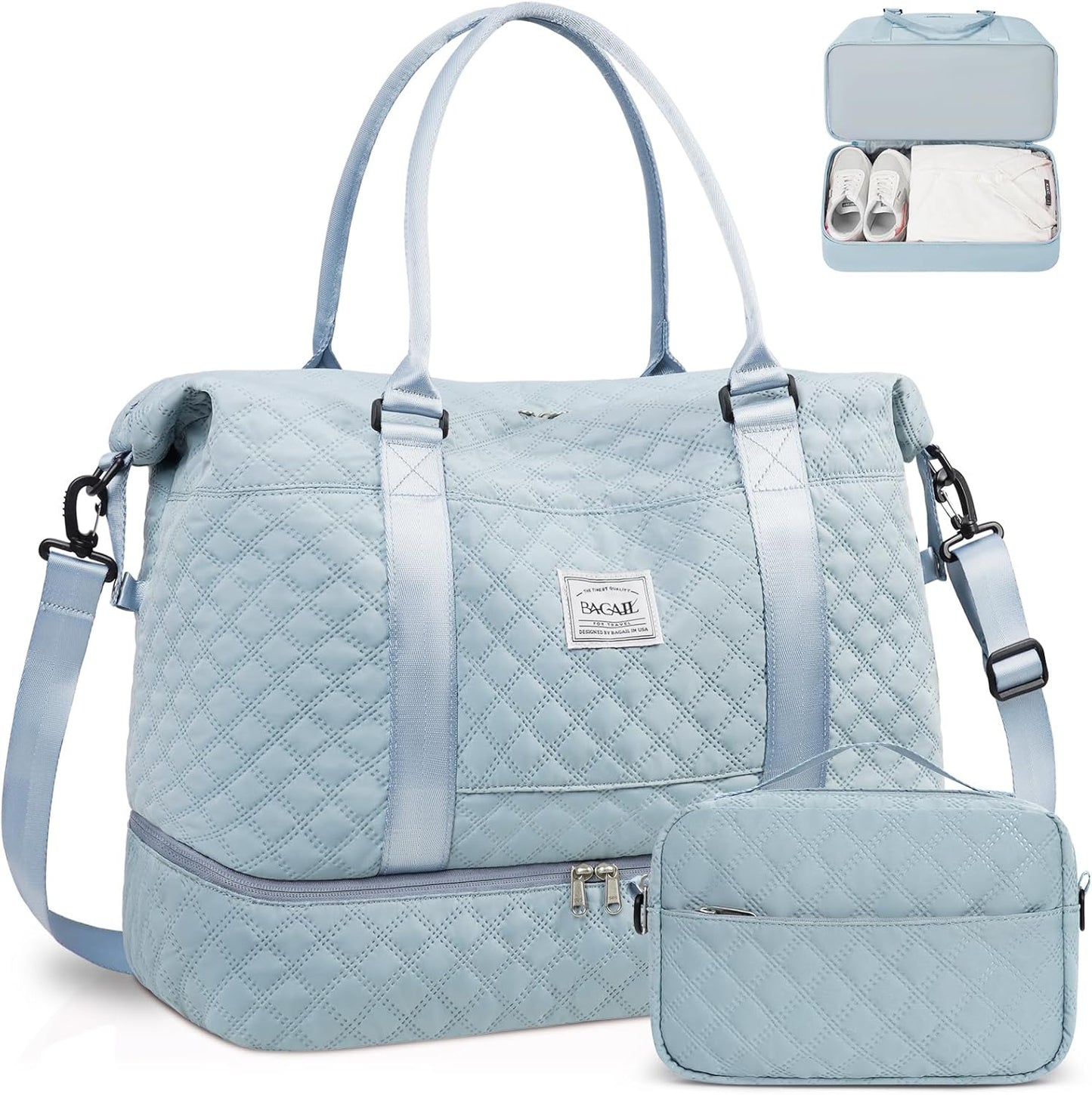BAGAIL Extra Large Light Blue Duffel Bag, Weekender, Overnight, Gym, Carry On, Hospital, Mom Bag with Wet Pocket, Waterproof, Multiple Compartments, Adjustable Shoulder Straps, Airplane Friendly