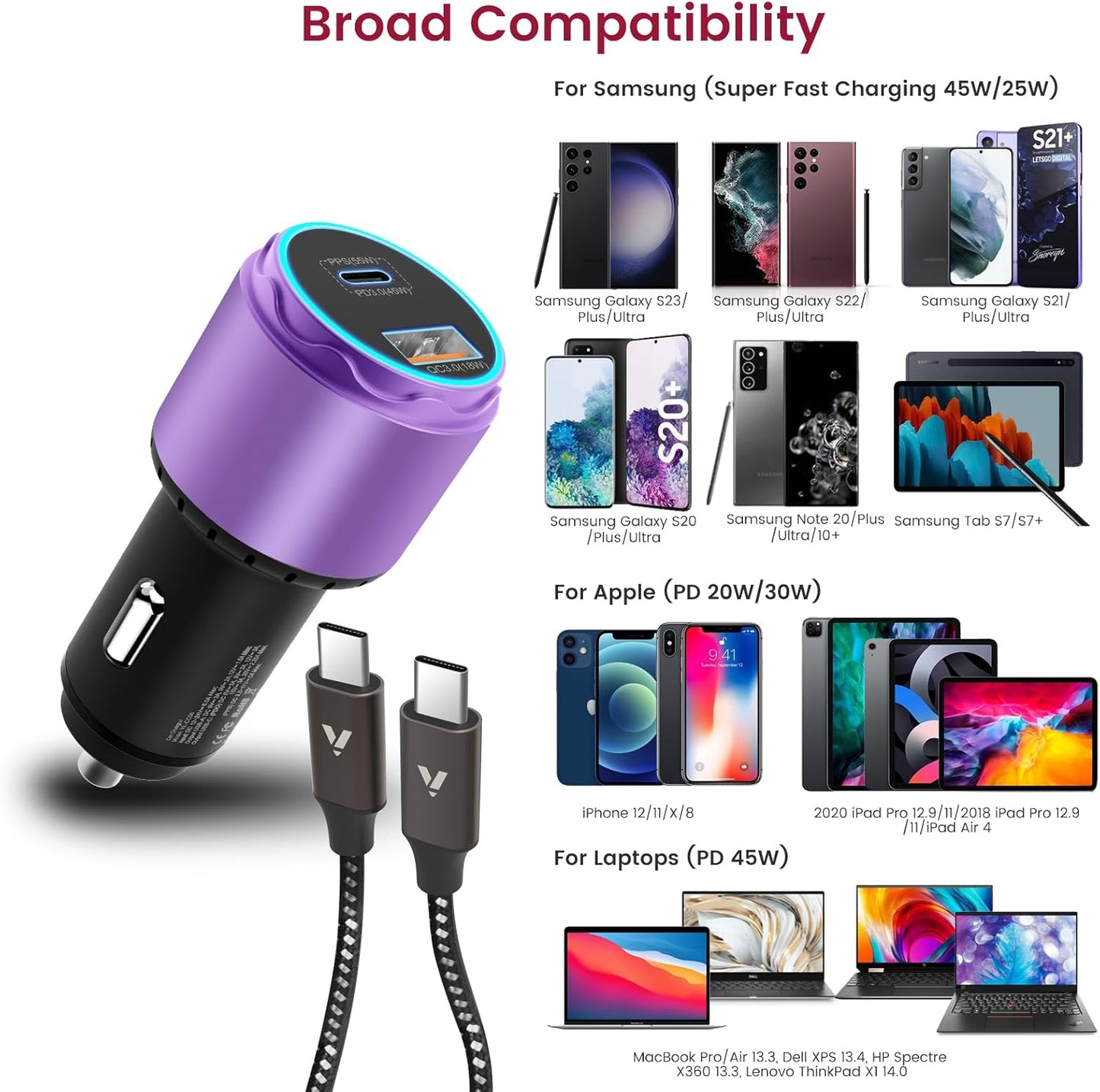 VELOGK Super Fast Type C Car Charger [73W Turbo], Fast Adaptive 55W 45W PPS/PD&QC3.0 USB C Car Adapter[Super Fast Charging 2.0]for Samsung S25 Ultra/S24 Ultra/S23 Ultra/S22+/S21/S20, iPad Pro(Purple)