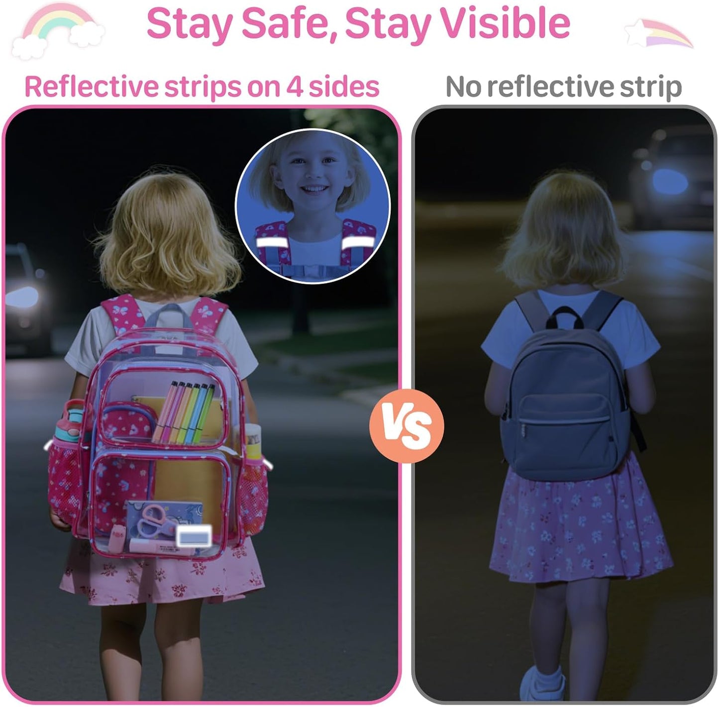Bagseri Clear Backpack for Girls - 15 Inch Clear Bookbag for Kids Aged 3 to 8 Heavy Duty Transparent Backpack for School, Cute See Through Bag with Reflective Strip, Rose Pink Butterfly