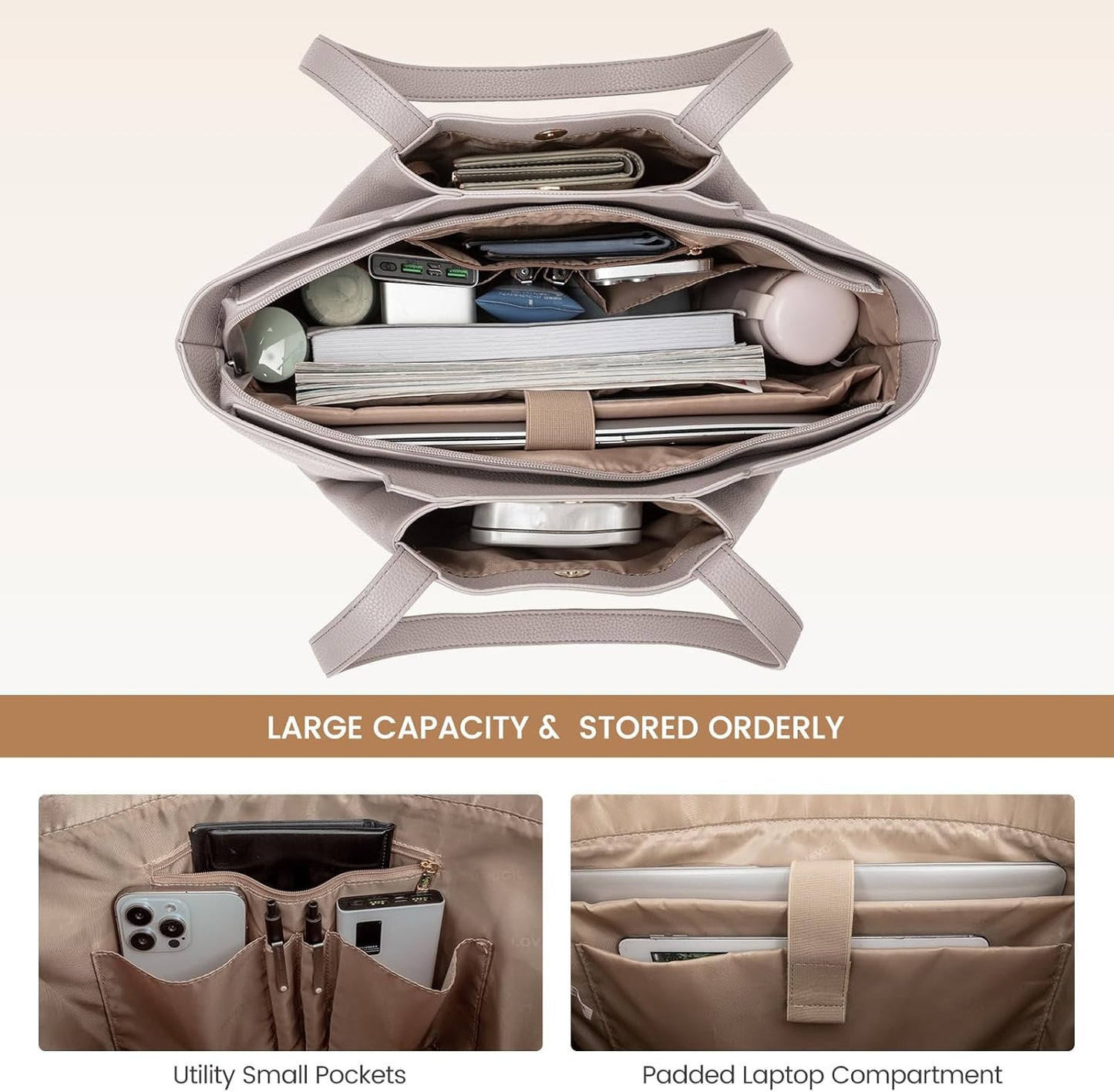 LOVEVOOKLaptop Tote for Women - 15.6 Inch PU Leather Laptop Bag with Clutch, Large Capacity Office Purse Computer Briefcase for Casual Business Travel, Apricot&brown