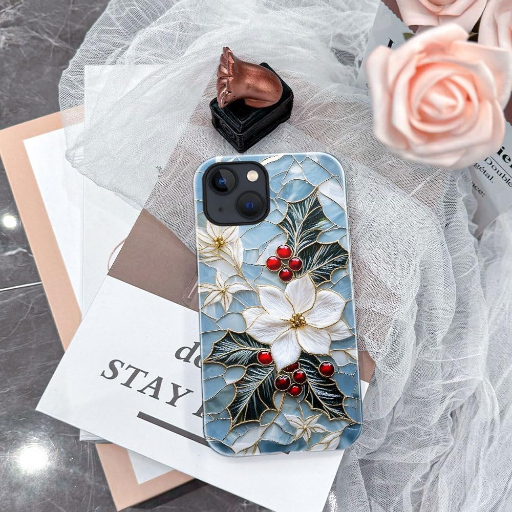 Case for iPhone 14 Plus - Slim Fit Anti-Scratch Phone Case for Girl Women - Christmas Holly Elegant Winter Floral (Glossy)