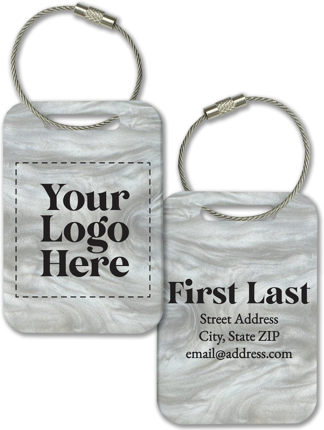 Personalized Logo Name Tag for Luggage (3 or 6 Count Pack) | Custom Tag for Suitcase | Acrylic Name Tag for Travel | Choose Your Font & Color | Backpack ID Label (Logo, White Marble)