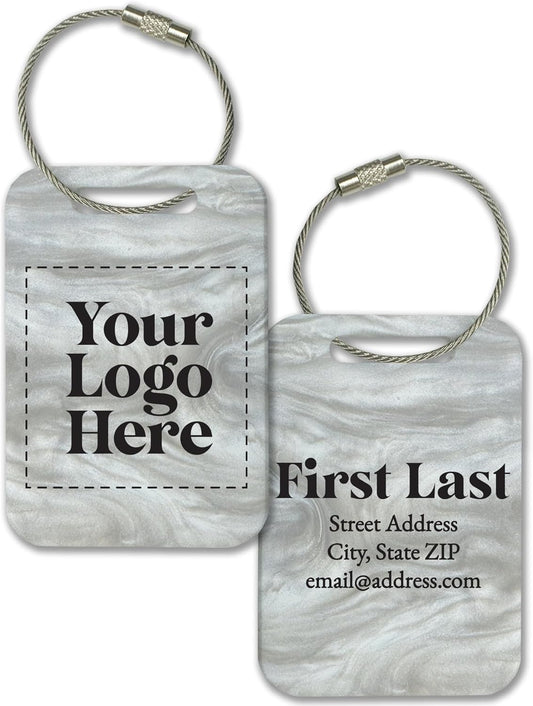 Personalized Logo Name Tag for Luggage (3 or 6 Count Pack) | Custom Tag for Suitcase | Acrylic Name Tag for Travel | Choose Your Font & Color | Backpack ID Label (Logo, White Marble)