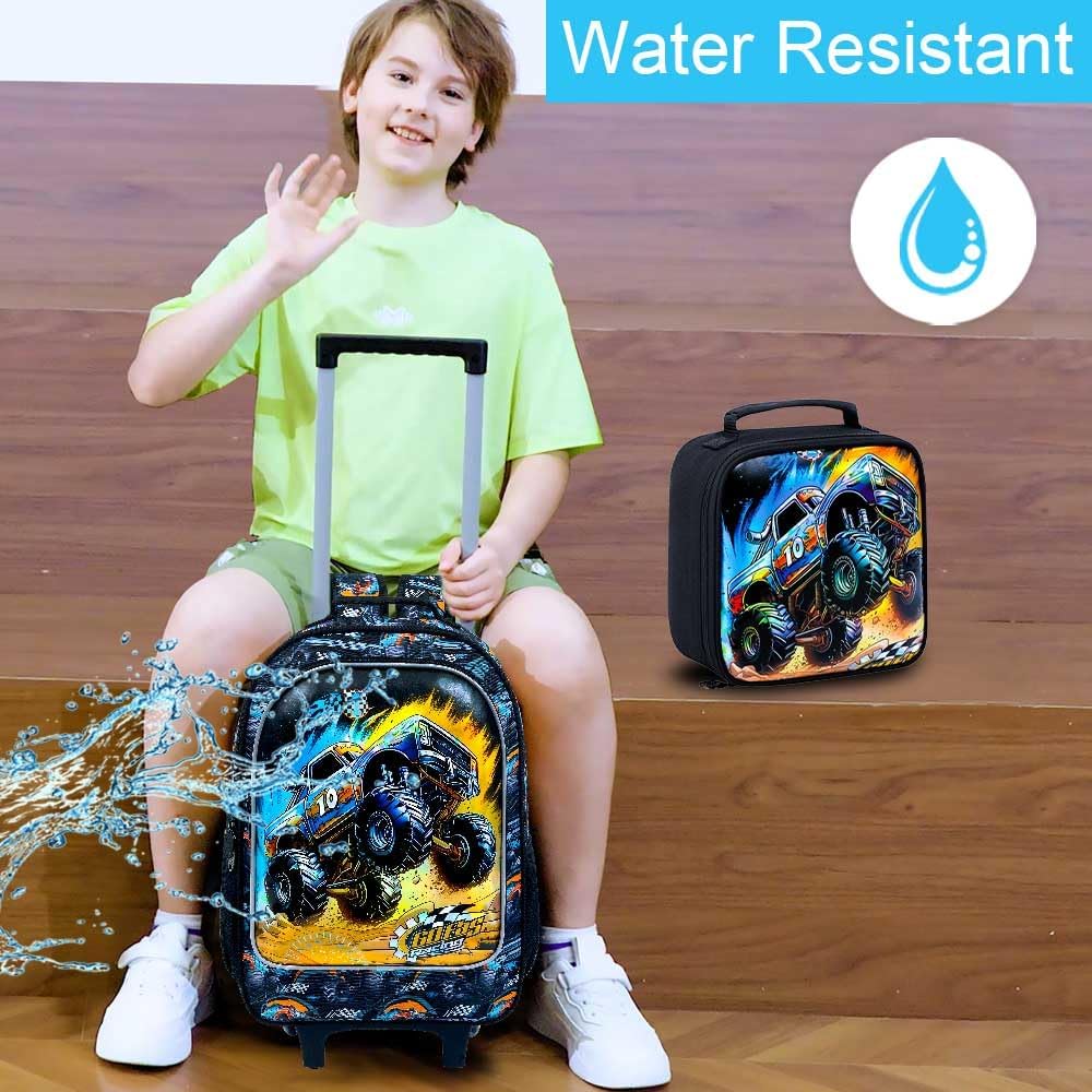 3PCS Truck Rolling Backpack for Boys, Kids Roller Bookbag with Wheels, Car Wheeled School Backpack for Elementary Preschool Kindergarten(Black)
