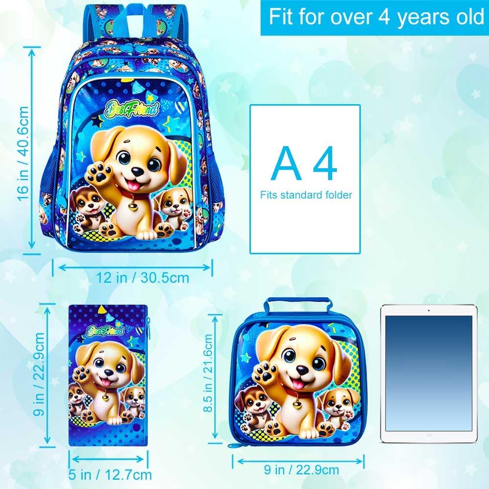 gxtvo 3PCS Kids Dog Backpack, 16" Boys Bookbag with Lunch Box, Water Resistant Elementary Preschool Toddler School Bag