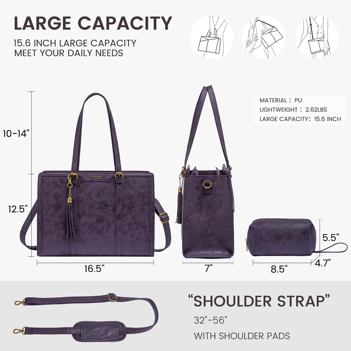 LOVEVOOK Laptop Bag for Women Vintage Leather Laptop Tote 15.6 inch Large Capacity Computer bag with Clutch Purse for Work