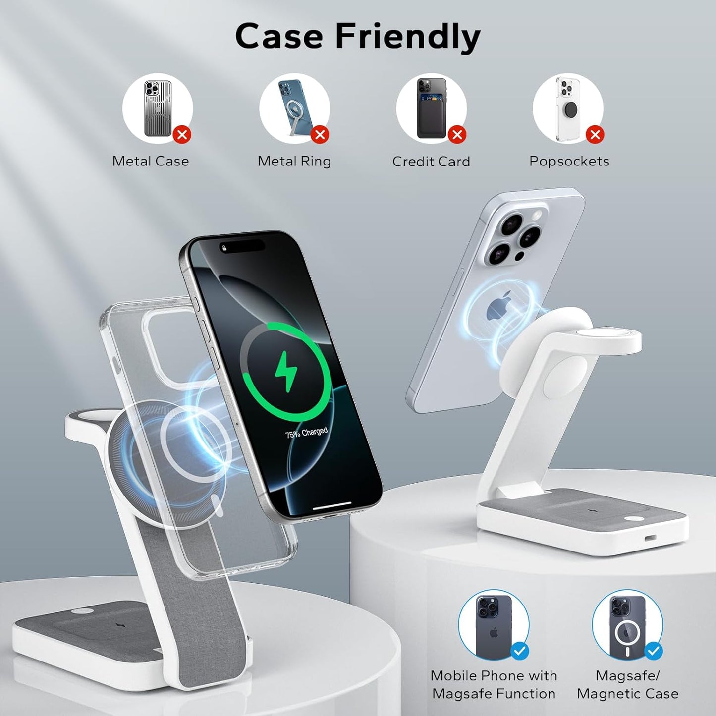 3 in 1 Foldable Wireless Travel Charging Station for MagSafe, Nightstand Magnetic Charger Stand for iPhone 17 16 15 14 Pro Max, Charging Dock with Night Light for Apple Watch/AirPods (White)