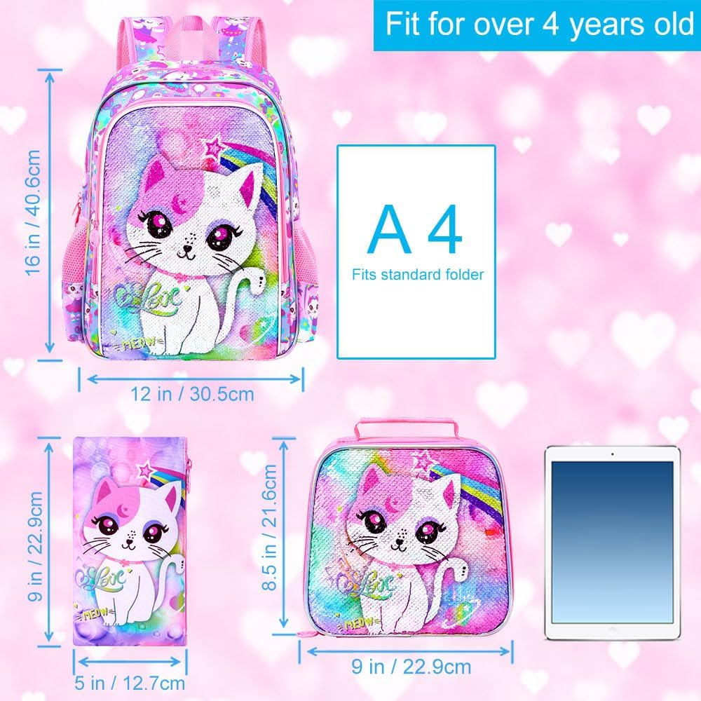 UFNDC 3PCS Backpack for Girls with Lunch Box,16”Kids Sequin Bookbag with Lunch Box, School Bag for