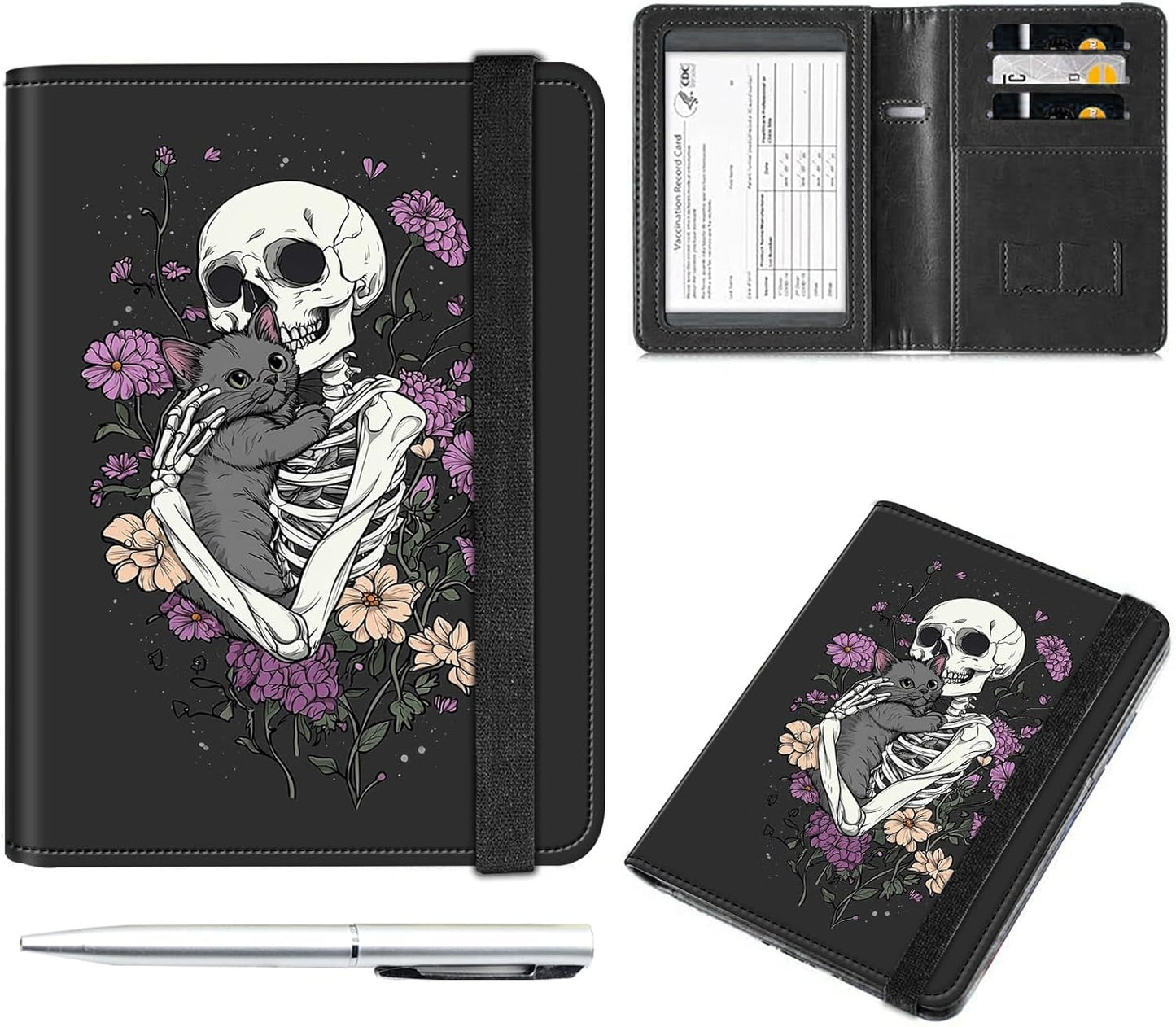 Passport and Vaccine Card Holder Cover Combo,Travel Passport Holder Wallet with RFID Blocking, Leather Vaccine Card Slot Passport Cover Case for Women & Men,Skeleton Holding a Cat