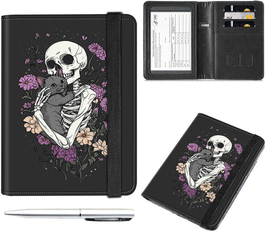 Passport and Vaccine Card Holder Cover Combo,Travel Passport Holder Wallet with RFID Blocking, Leather Vaccine Card Slot Passport Cover Case for Women & Men,Skeleton Holding a Cat