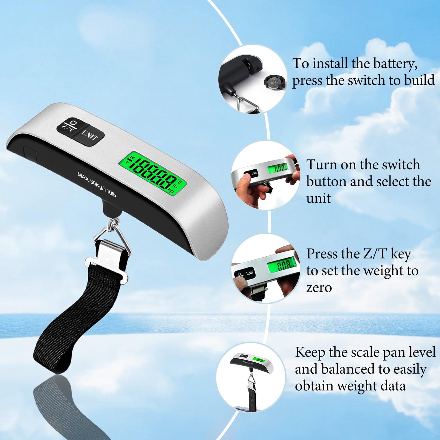 Luggage Scale, 110lb/50kg Portable Luggage Weight Scale, Silver