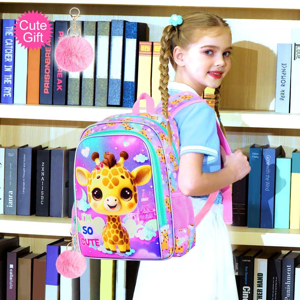 3PCS Girls Giraffe Bookbag, Water Resistant Kids Backpack Set with Lunch Box, Cute School Bag for
