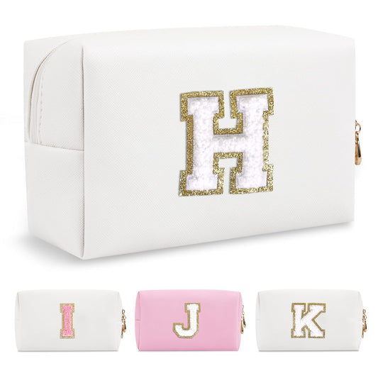 Small Personalized Initial A-Z Preppy Patch Makeup Bag,White PU Chenille Letter Travel Cosmetic Pouch with Zipper,Cute Toiletry Bag,Gift Ideal for Teen Girls Women Teacher Bridesmaid,Letter H