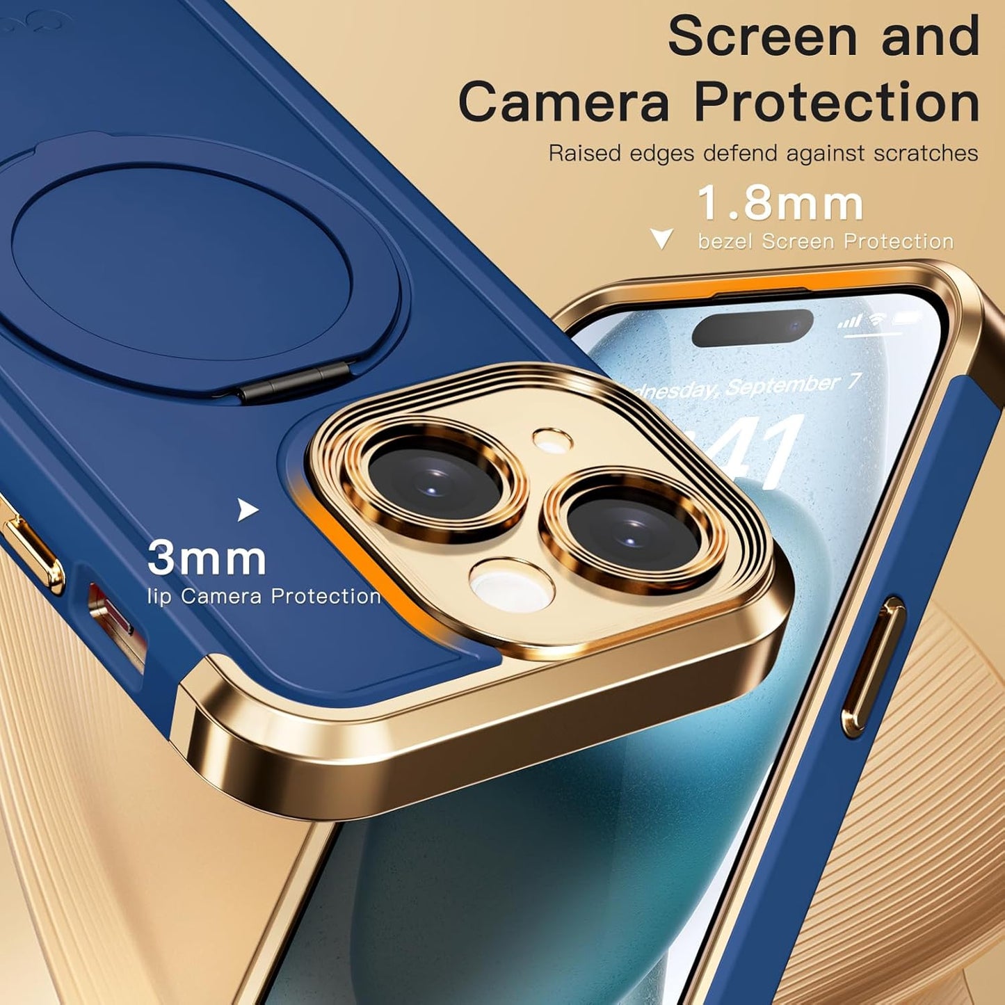 COOLQO for iPhone 15 Plus Case 6.7'' Upgraded 360° Spin Magnetic Stand [Compatible with Magsafe][Military Protection] Shockproof Protective Phone Holder Cover for iPhone 15 Plus, Blue Gold