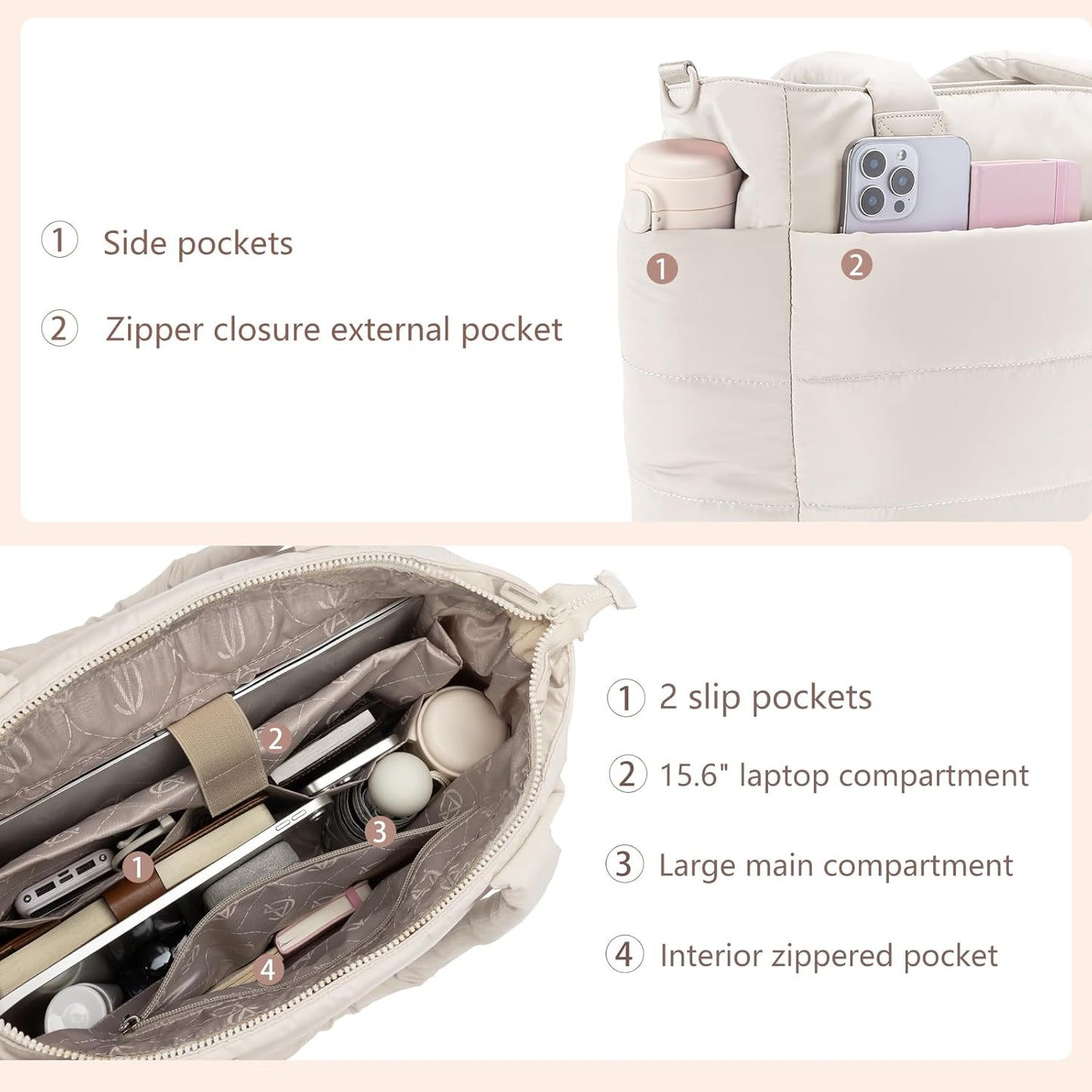 Tote Bag for Women Puffer Tote Bag Large Nurse Bags Shoulder Handbag with Zipper for Work Travel