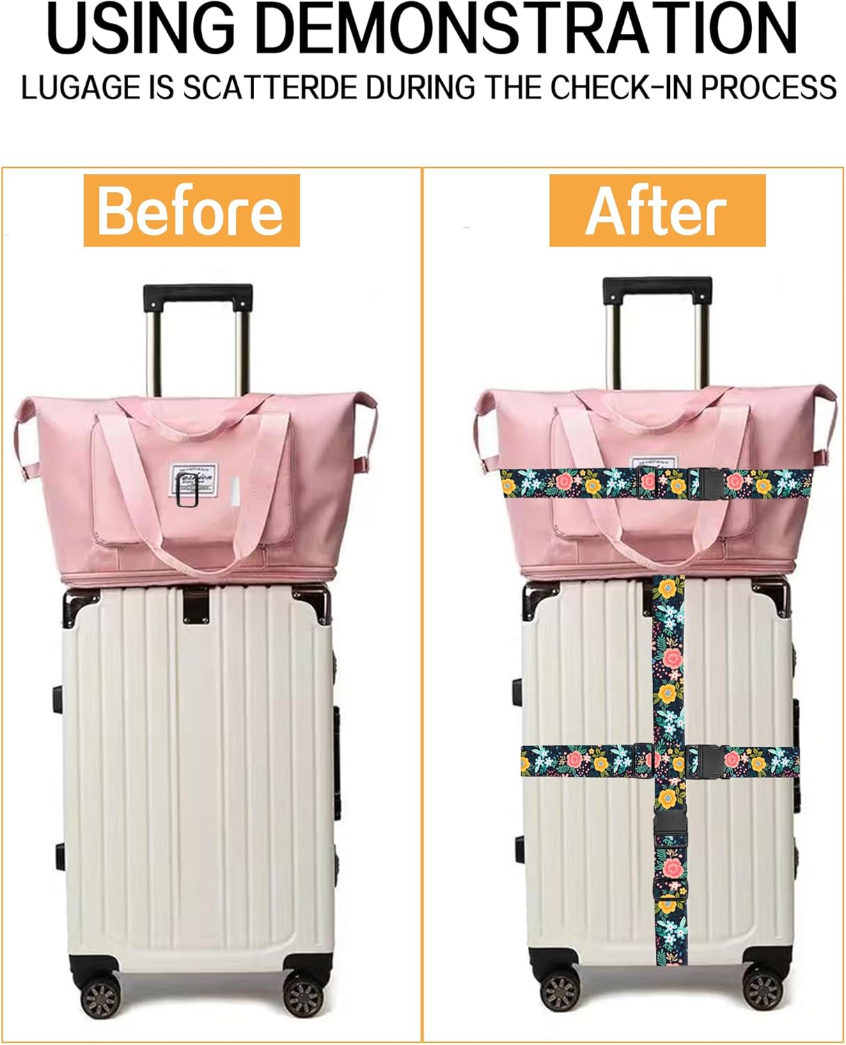 Luggage Straps for Suitcases, Adjustable Travel Belt, Durable Wide Luggage Strap, Cute Suitcase Strap Identifiers with Buckle, Bag Straps for Luggage, Colorful Cute Flowers