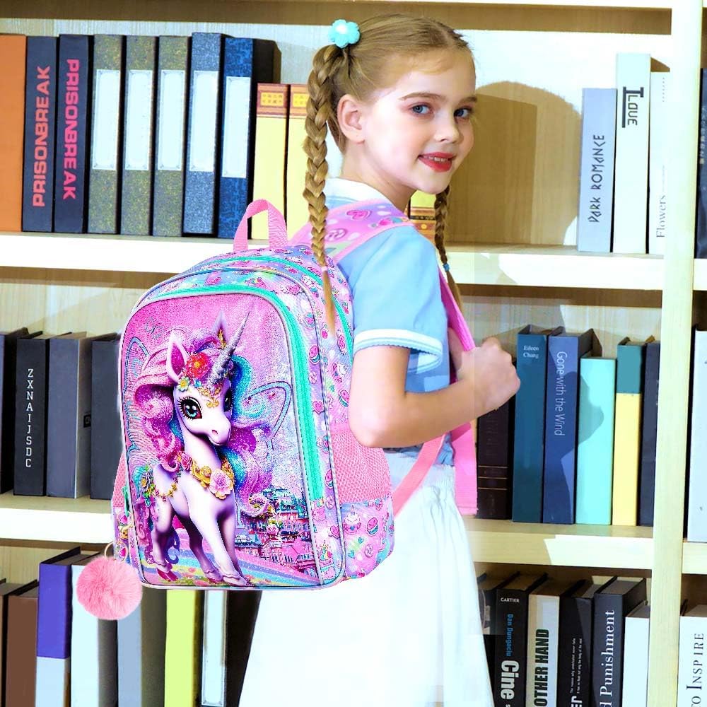 3PCS Unicorn Backpack, Water Resistant Girls Bookbag Set with Lunch Box，Cute Kids Elementary School Bag for Preschool Toddler
