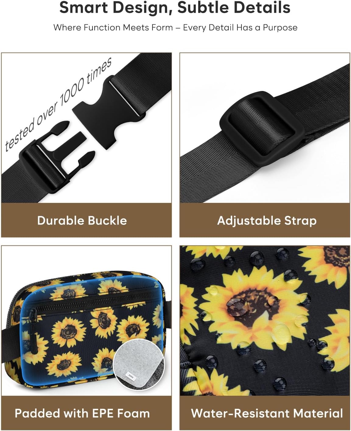 Fanny Packs for Women Cross Body Bag Waterproof Belt Bag with Adjustable Strap and Zipper Back Pocket Small Crossbody Bags Fashion Waist Packs for Workout Travelling(Sunflower)
