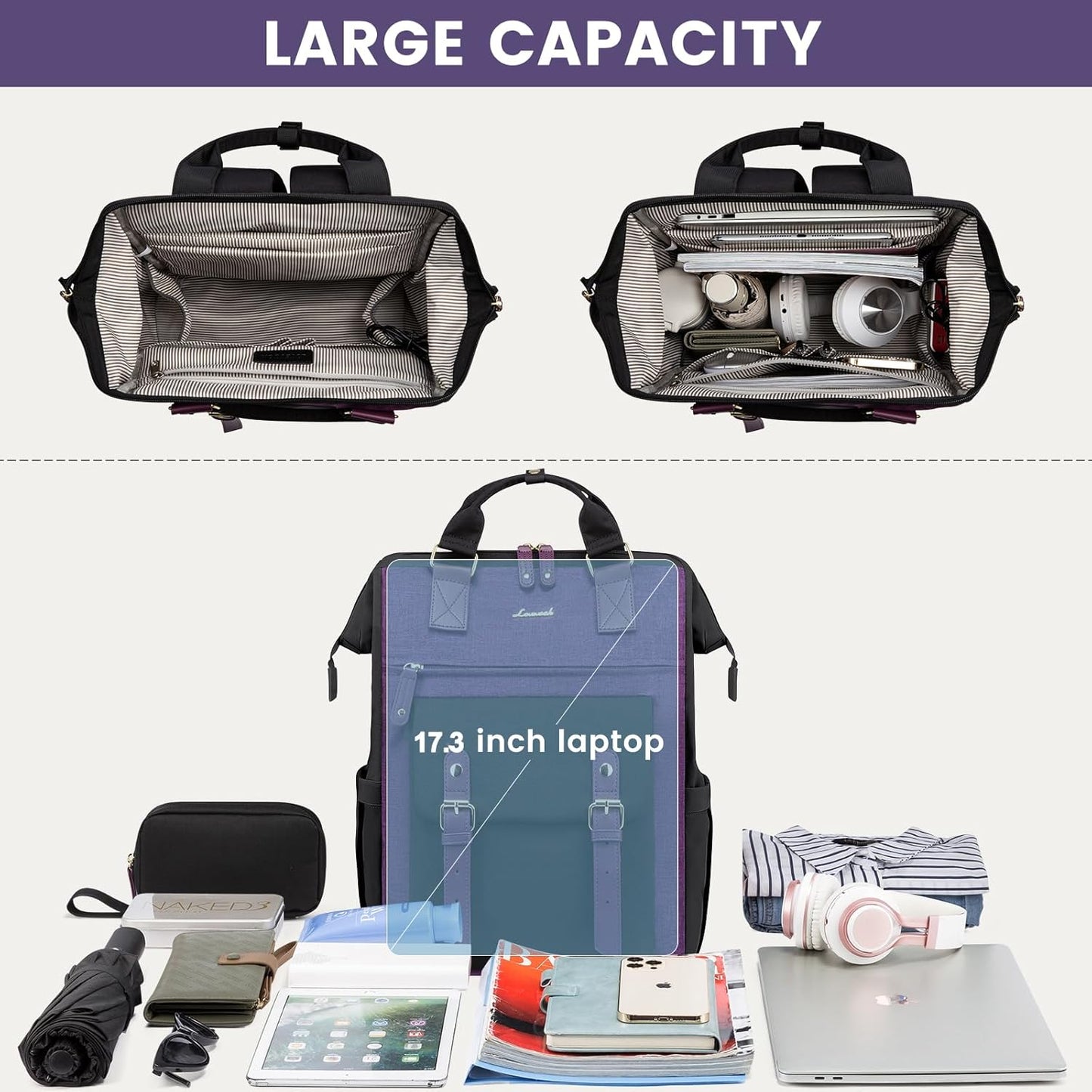 LOVEVOOK Laptop Backpack for Women Work Travel Backpack Commuter Business Computer Bag Teacher Doctor Nurse Bags College Backpack Purse, 17 Inch, Black-Purple-Purple