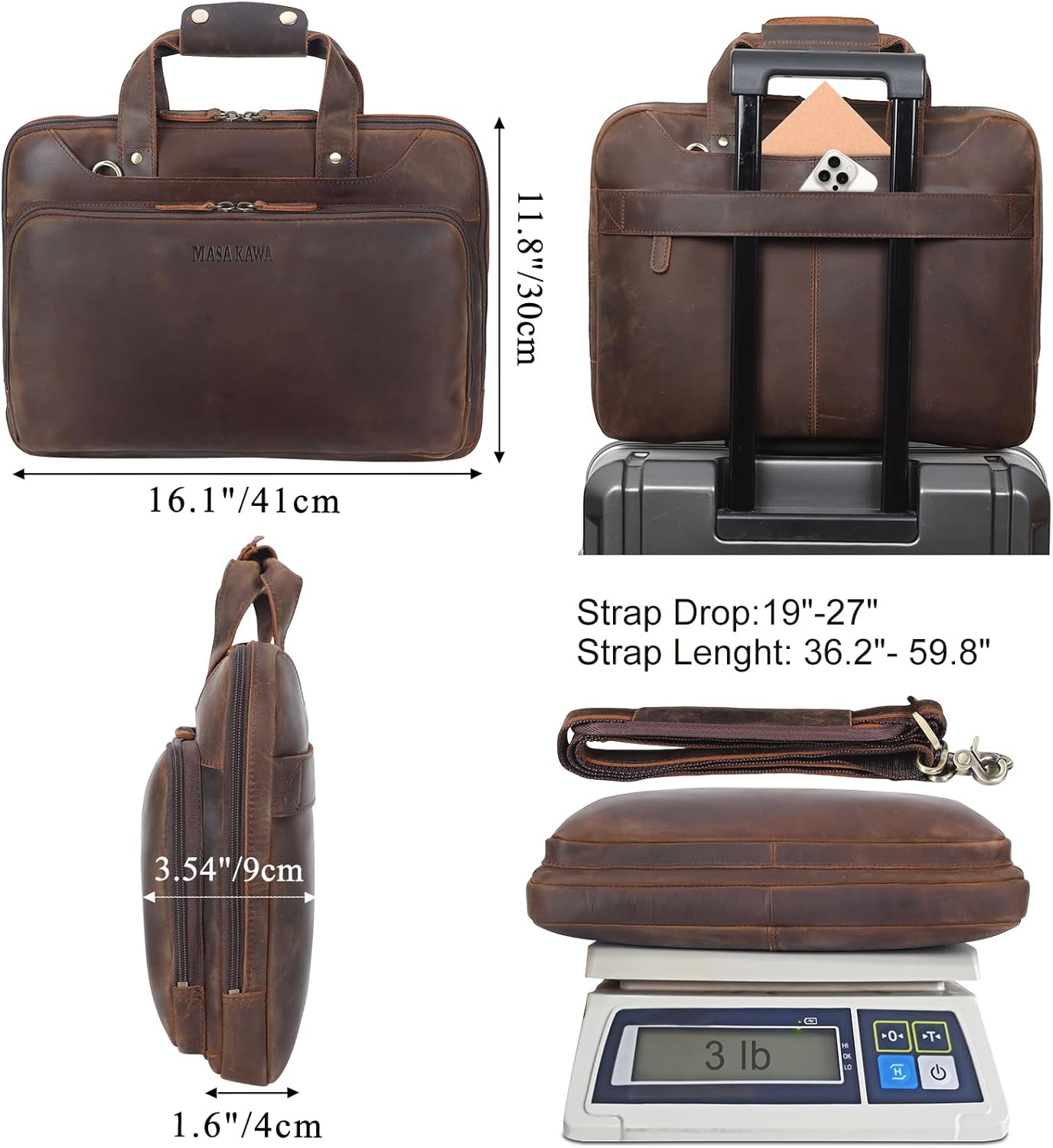 Masa Kawa Leather Laptop Briefcase for Men Fits 15.6" Computer Slim Crossbody Shoulder Messenger Bag Attache Case for Business Work, Vintage Brown