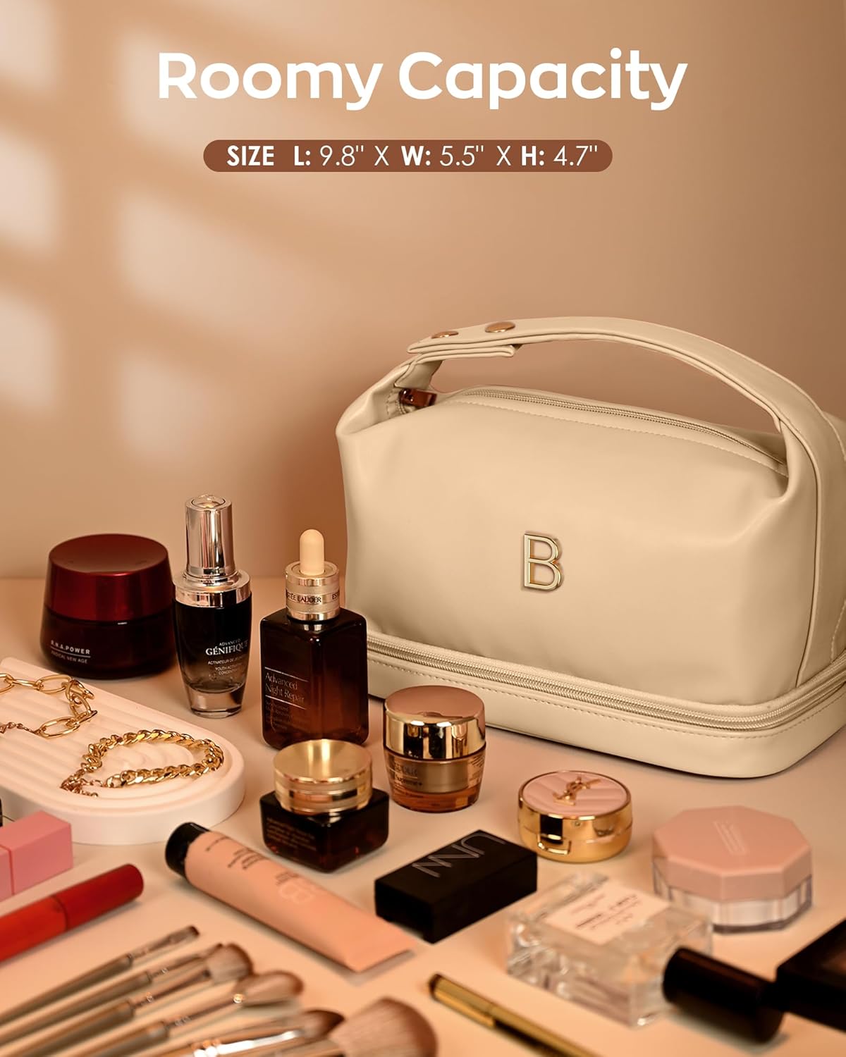 Makeup Bag with Handle, Waterproof Double Layer Cosmetic Bag, Large Capacity PU Leather Makeup Bags