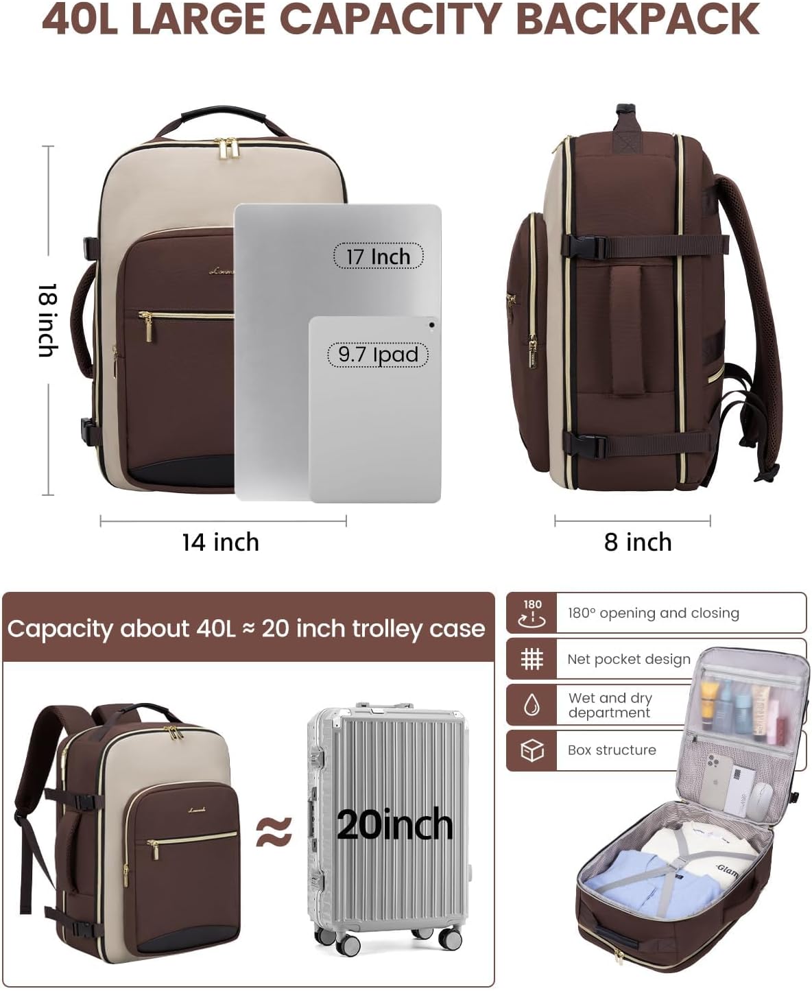 LOVEVOOK 40L Travel Backpack for Women & Men, Airline Approved Carry On Luggage with 3 Packing Cubes, TSA Overnight Bags, Waterproof Personal Item Bag, Weekender Essentials Backpacks fits 17" Laptop