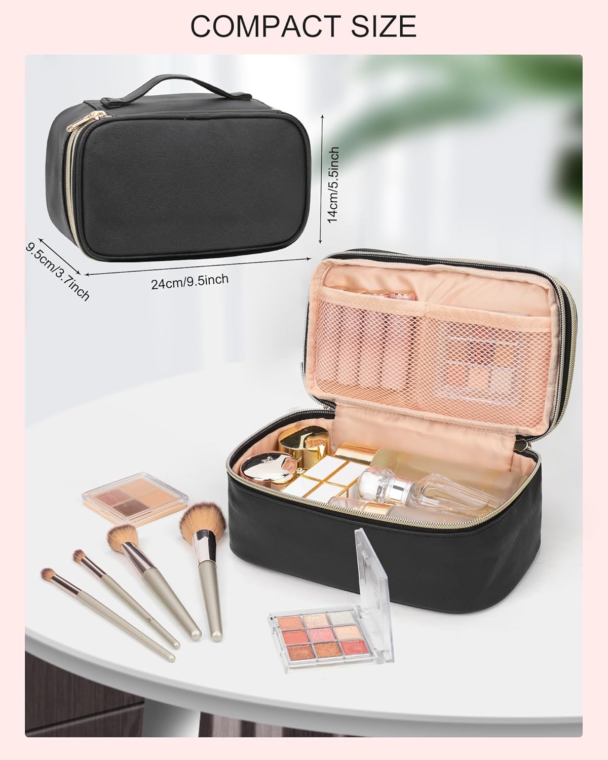 Relavel Small Makeup Bag, Makeup Brush Cosmetic Organizer, Portable 2 Layer Travel Makeup Organizer, Cosmetic Bag for Women, Handbag Purse Pouch, Compact Capacity for Daily Use (Black)