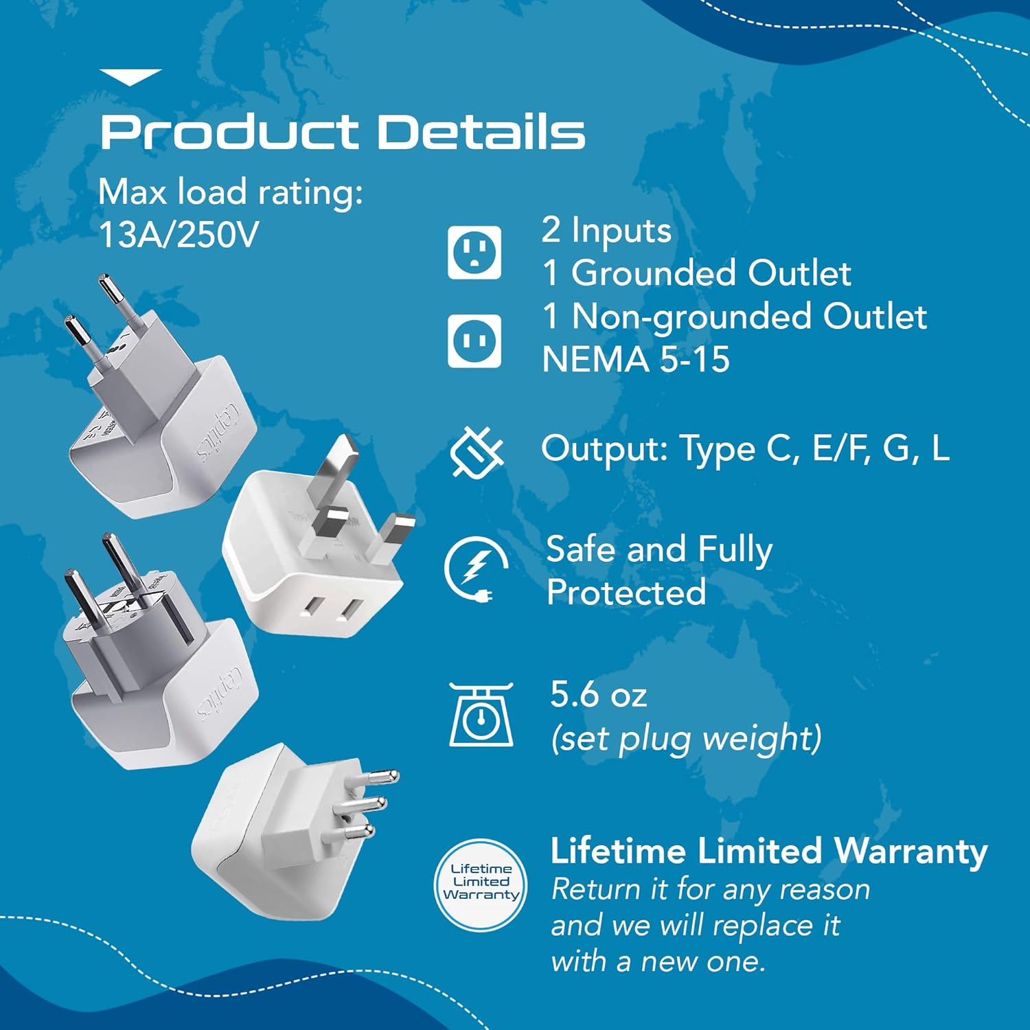 Ceptics European Plug Adapter 4 Pack Set, USA to Europe, Italy, Germany, England, Spain, Italy