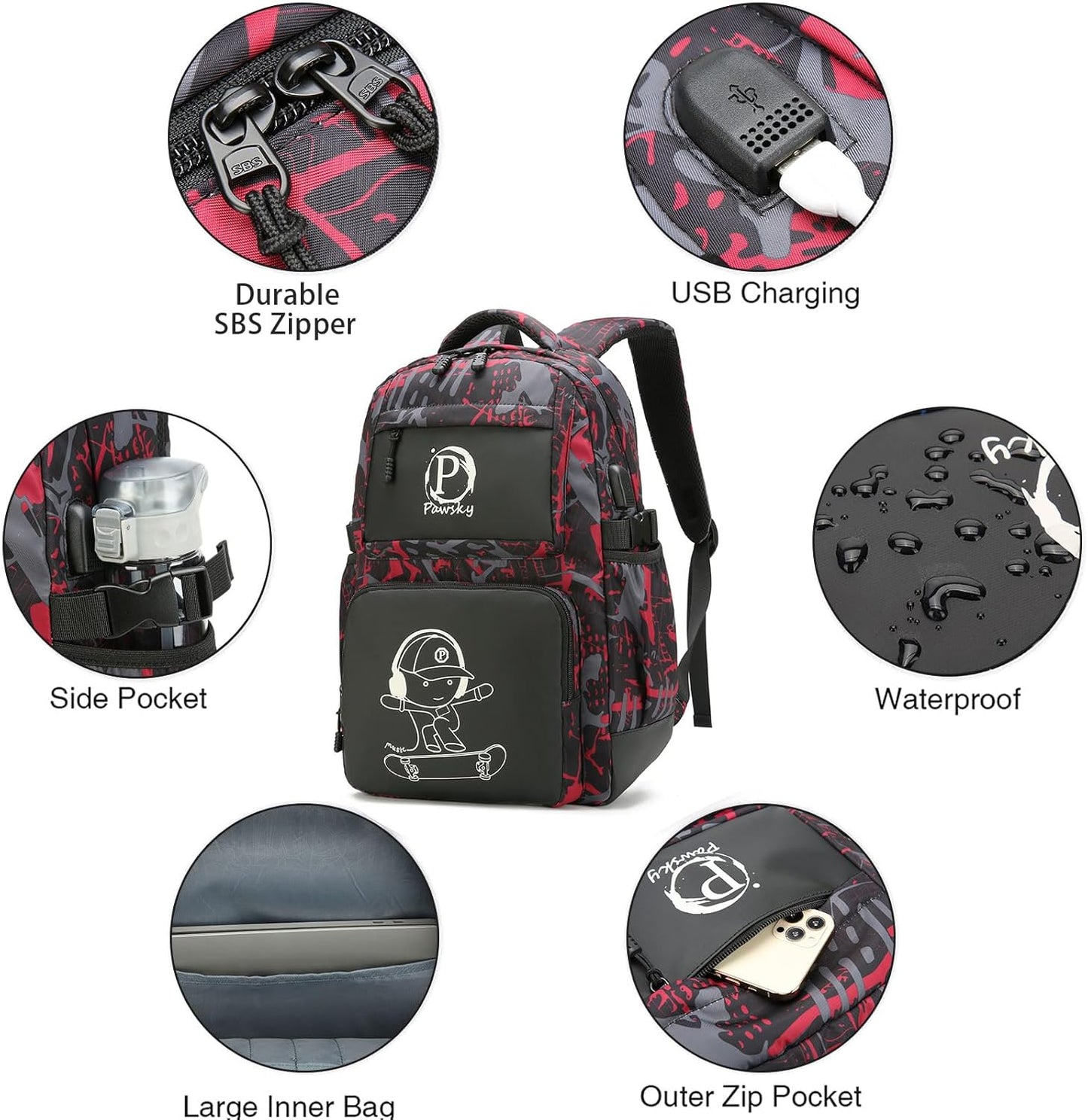 Skateboard Anime Luminous Backpack School Backpack with USB Charging Port for Teen Boys, College School Bookbag Lightweight Laptop Bag with Sling Bag Set, Red