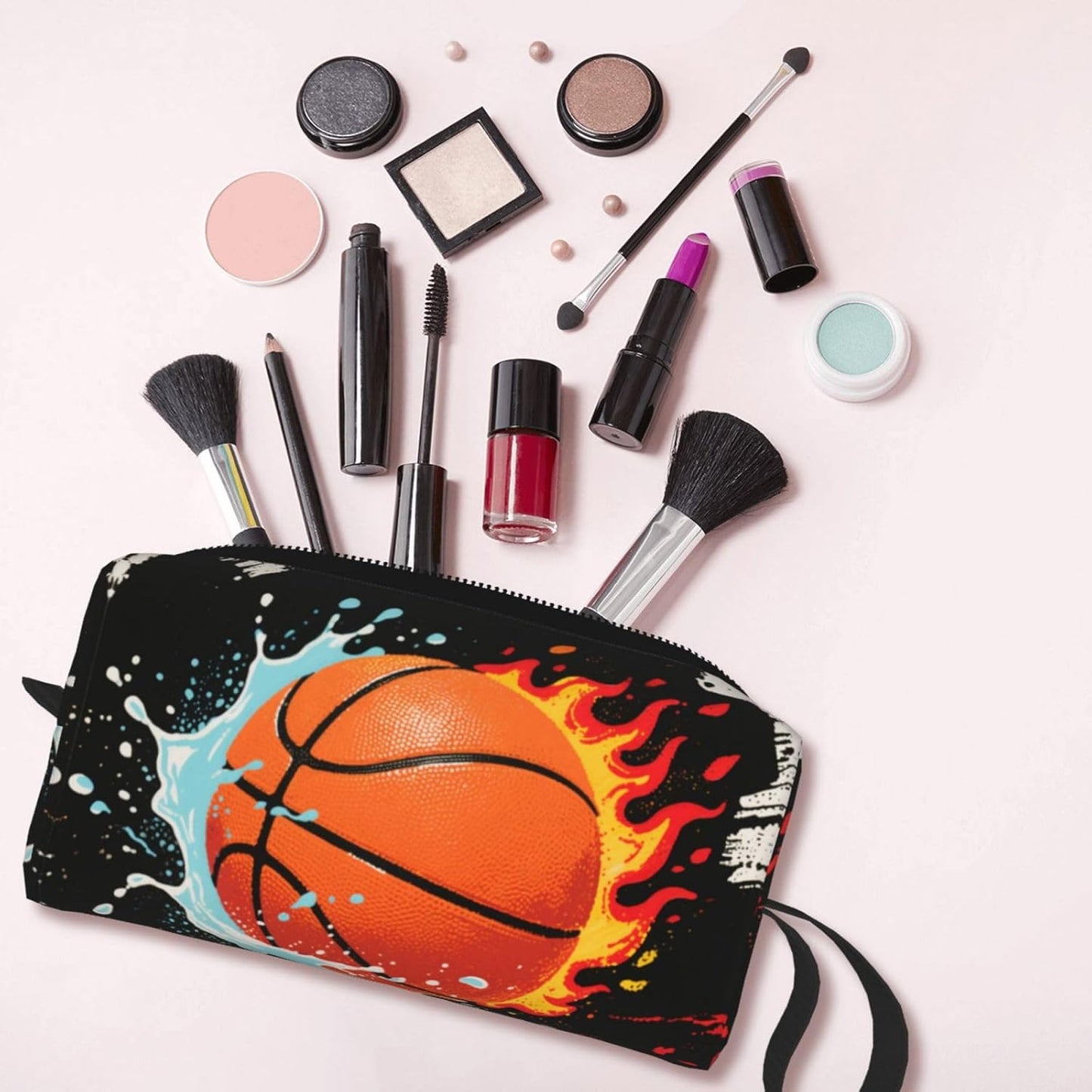 Flame & Splash Basketball Makeup Bag Small Compact & Durable Travel Cosmetic Bag Organizer Oxford Fabric Impact-Resistant Multi-Purpose Storage Perfect for Travel, Gym, Daily Use