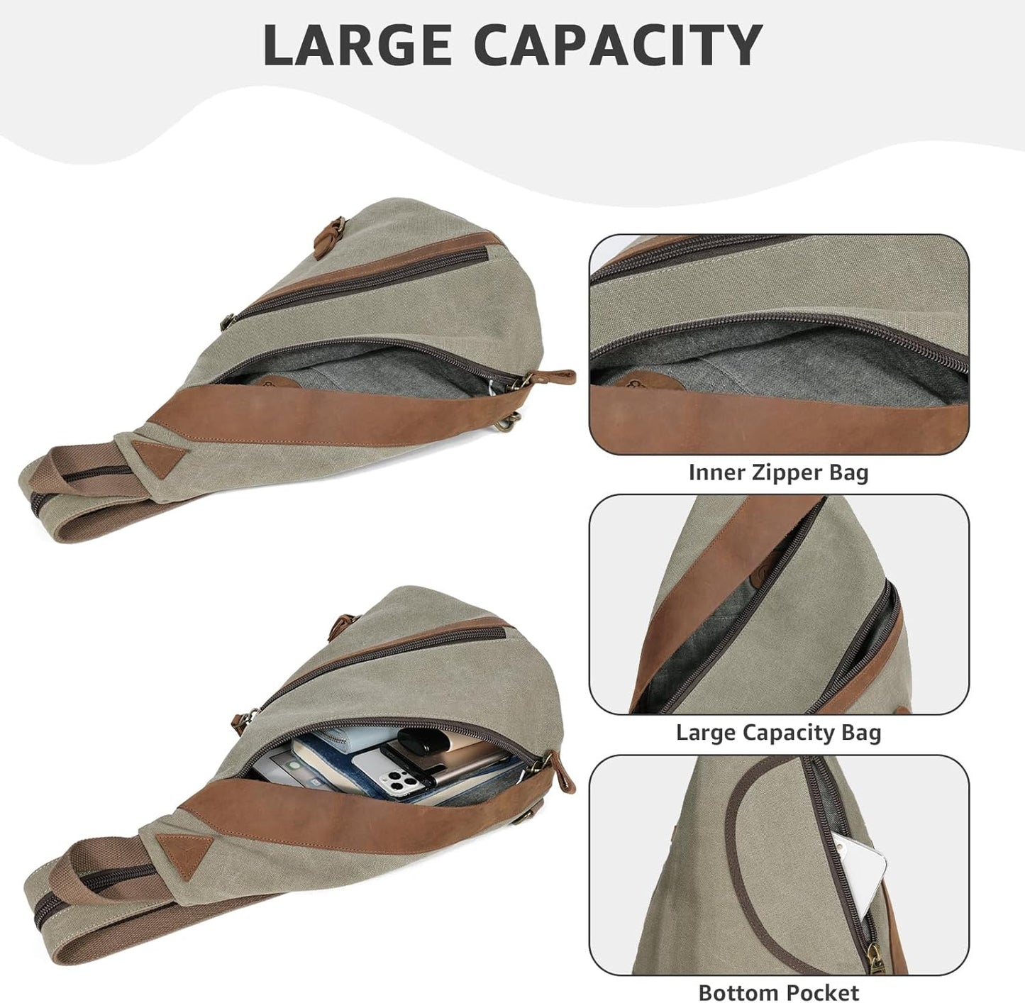 KL928 Canvas Sling Bag for Men Women, Genuine Leather Design Shoulder Crossbody Bags Backpacks Travel Daypack with Earphone Hole Rucksack, Olive Green