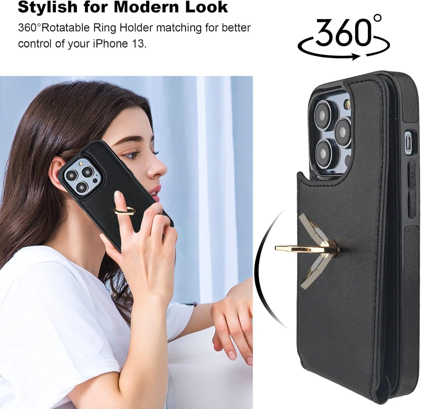 Folosu Compatible with iPhone 14 Pro Case Wallet with Card Holder, 360°Rotation Finger Ring Holder Kickstand, RFID Blocking Leather Protective Double Buttons Shockproof Cover 6.1 Inch Black