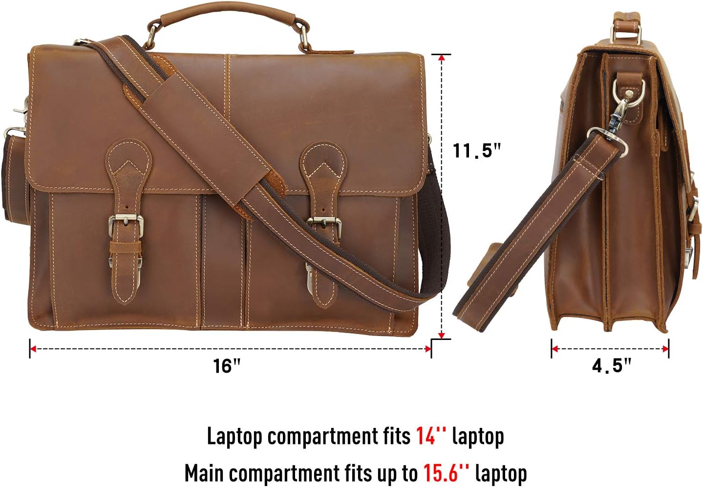 Polare 16" Full Grain Leather Messenger Bag Laptop Briefcase Bag Professional Work Bag For Men with YKK Zippers