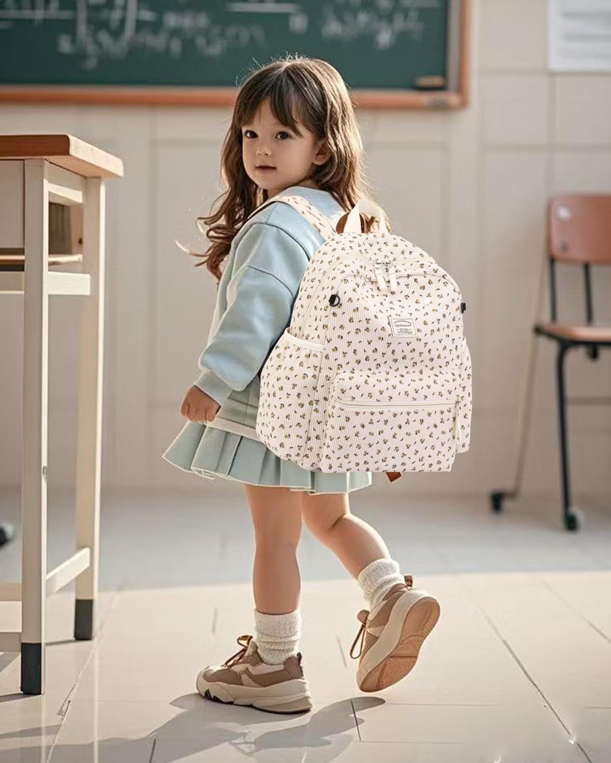 Corduroy Kids Backpack for Boys Girls Backpacks for Primary Elementary Kindergarten 6-10(Flower Beige, Medium (15" H Fit A4 Folder))
