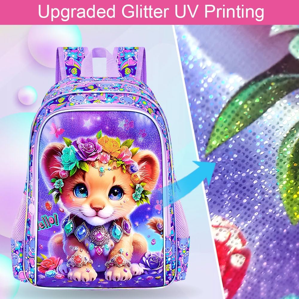 3Pcs Backpack for Girls, 16" Kids Bookbag with Lunch Box，Lion School Backpacks for Elementary Preschool Kindergarten (Purple)